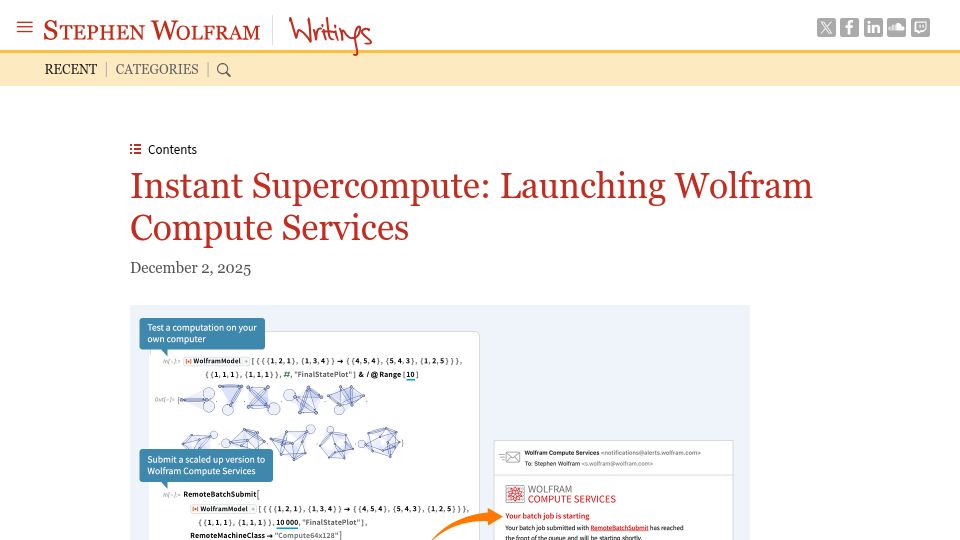 Screenshot of writings.stephenwolfram.com: Wolfram Compute Services