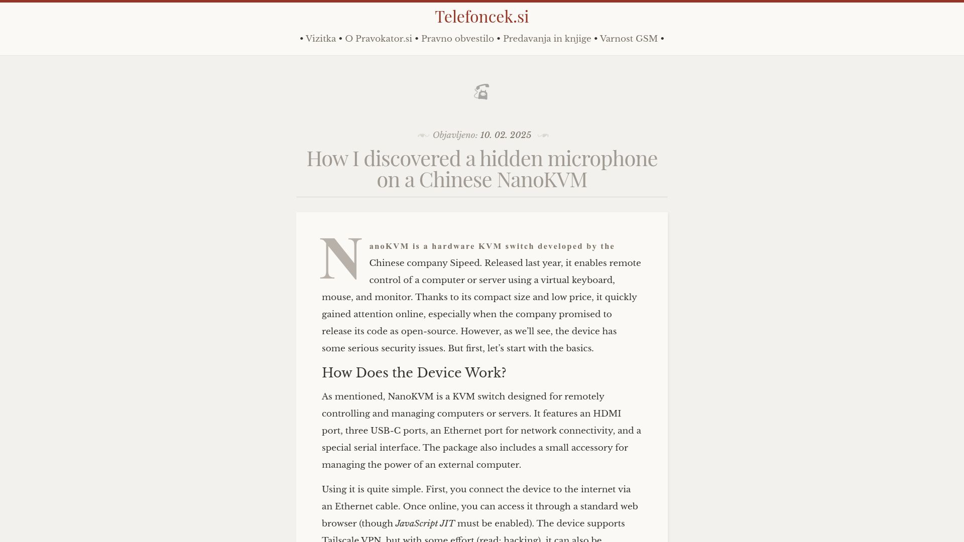Screenshot of telefoncek.si: How I discovered a hidden microphone on a Chinese NanoKVM