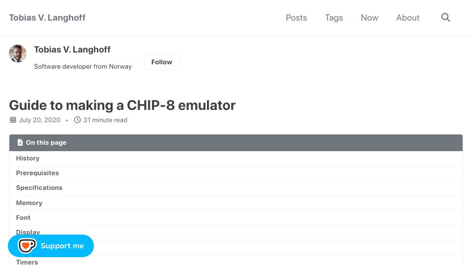 Screenshot of tobiasvl.github.io: Guide to making a CHIP-8 emulator (2020)