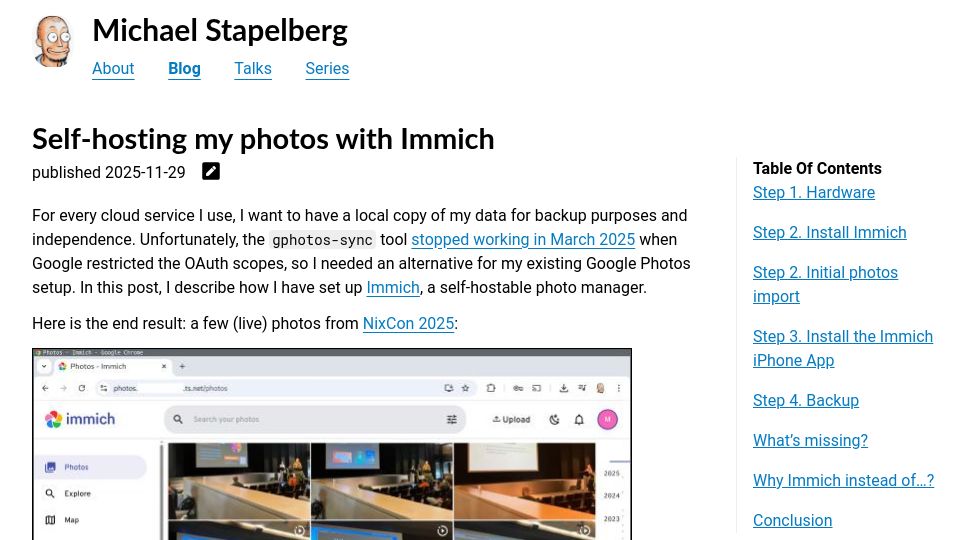 Screenshot of michael.stapelberg.ch: Self-hosting my photos with Immich