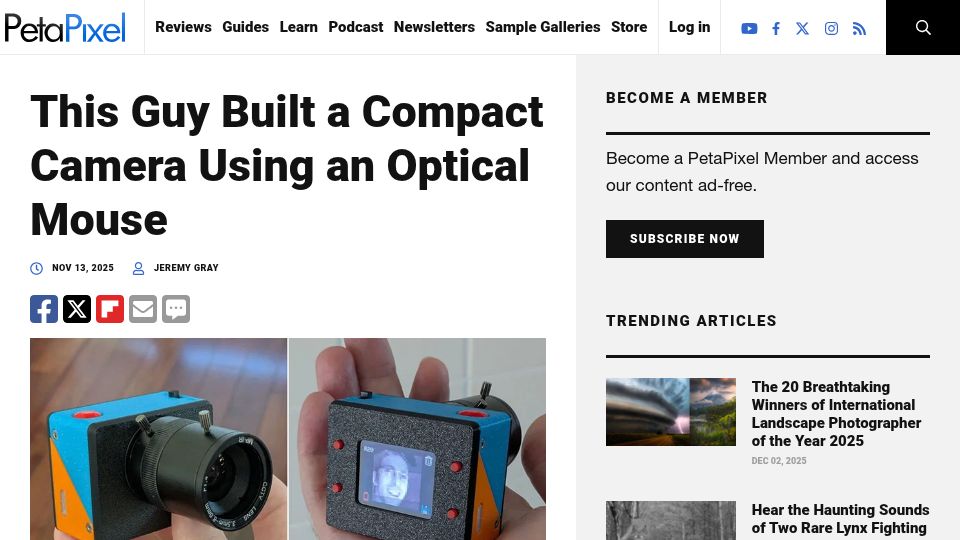 Screenshot of petapixel.com: A compact camera built using an optical mouse