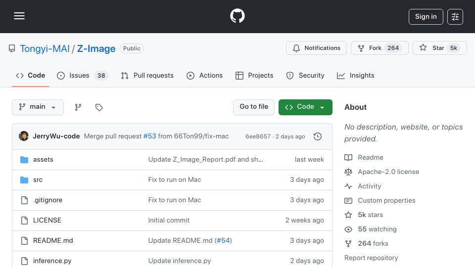 Screenshot of github.com: Z-Image: Powerful and highly efficient image generation model with 6B parameters
