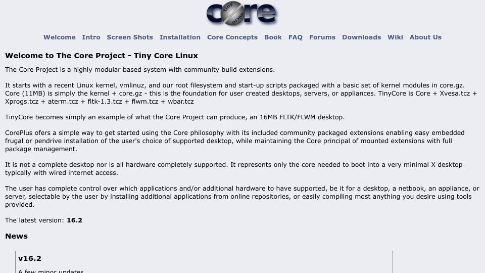 Screenshot of tinycorelinux.net: Tiny Core Linux: a 23 MB Linux distro with graphical desktop