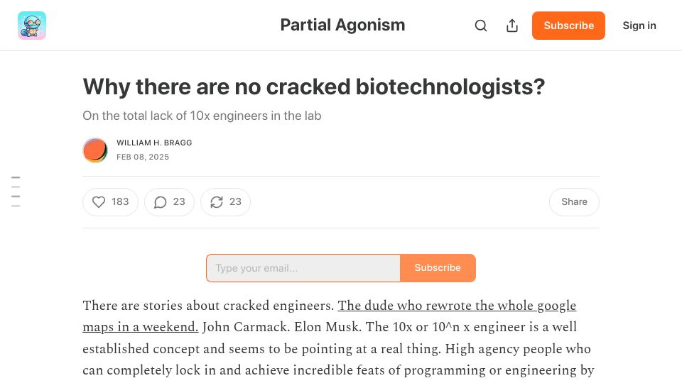Screenshot of partialagonism.substack.com: Why there are no cracked biotechnologists?