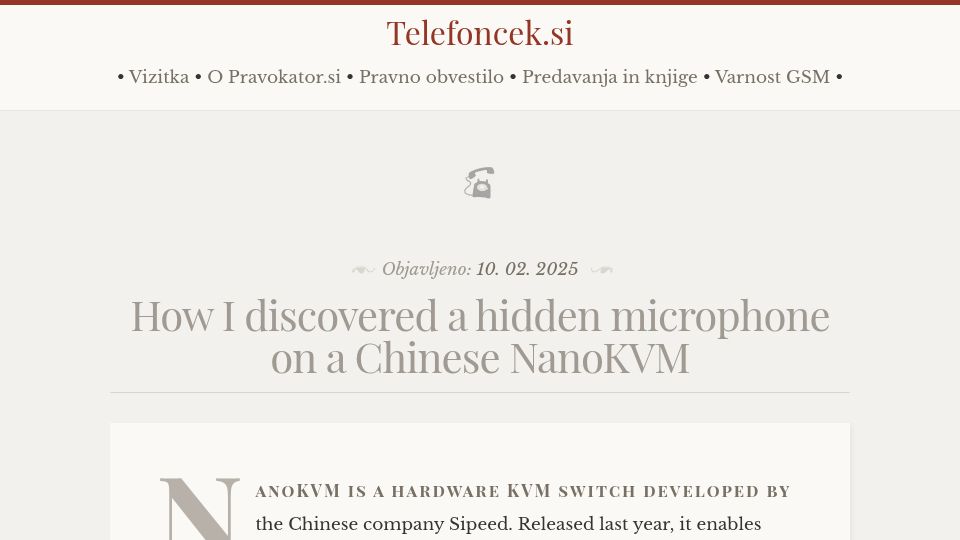 Screenshot of telefoncek.si: How I discovered a hidden microphone on a Chinese NanoKVM