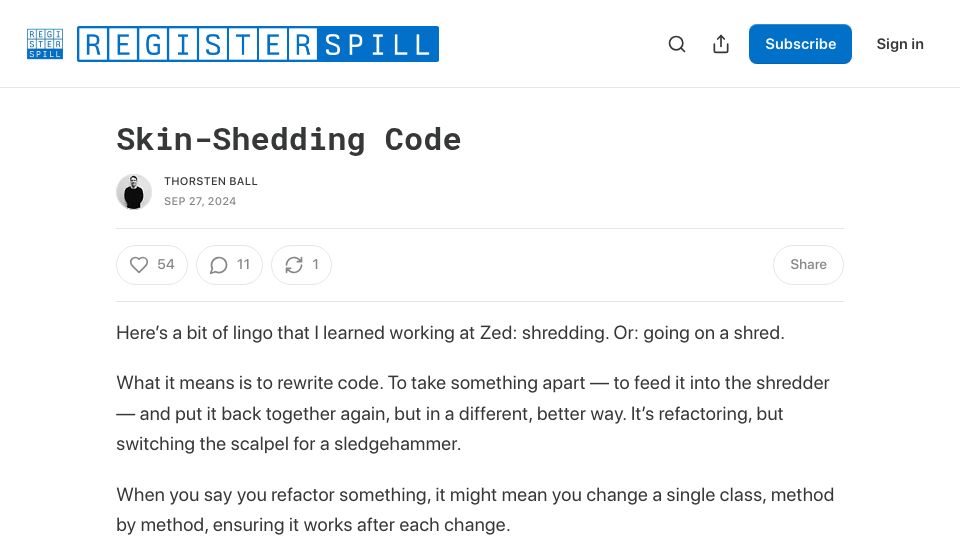 Screenshot of registerspill.thorstenball.com: Skin-Shedding Code (2024)