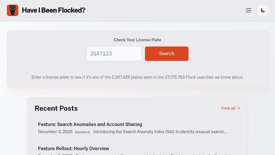 Screenshot of haveibeenflocked.com: Have I been Flocked? – Check if your license plate is being watched
