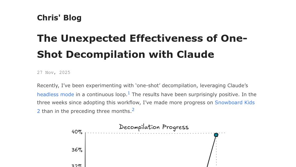 Screenshot of blog.chrislewis.au: The unexpected effectiveness of one-shot decompilation with Claude
