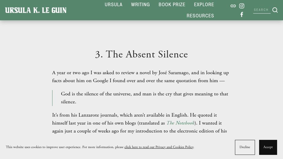 Screenshot of ursulakleguin.com: The Absent Silence (2010)