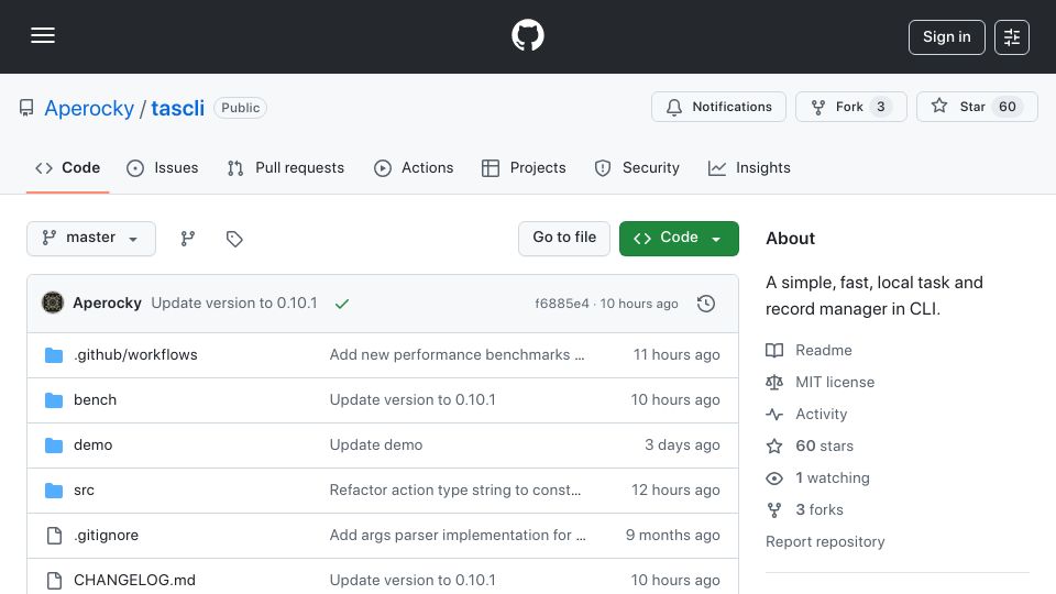Screenshot of github.com: Show HN: Tascli, a command line based (human) task and record manager