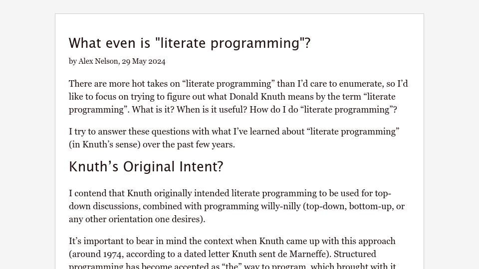 Screenshot of pqnelson.github.io: What is “literate programming”? (2024)