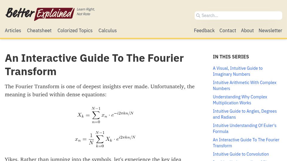 Screenshot of betterexplained.com: An Interactive Guide to the Fourier Transform