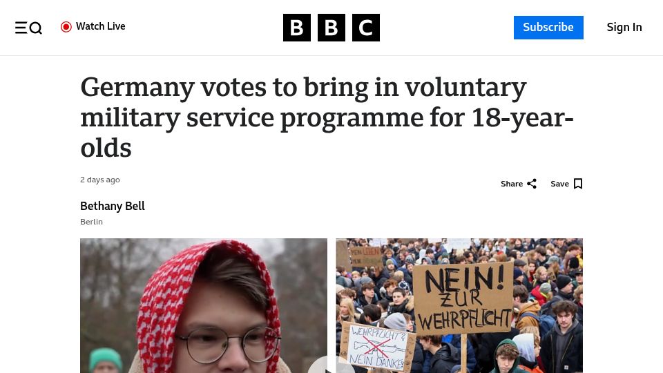 Screenshot of bbc.com: Germany votes to bring in voluntary military service programme for 18-year-olds