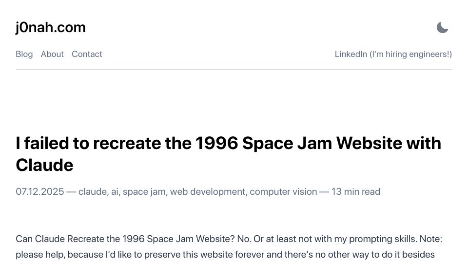 Screenshot of j0nah.com: I failed to recreate the 1996 Space Jam website with Claude