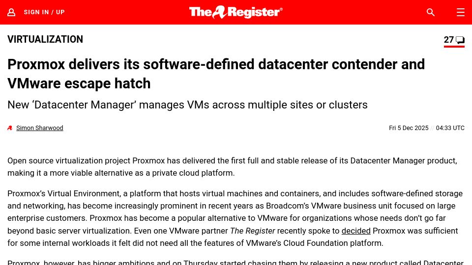 Screenshot of theregister.com: Proxmox delivers its software-defined datacenter contender and VMware escape