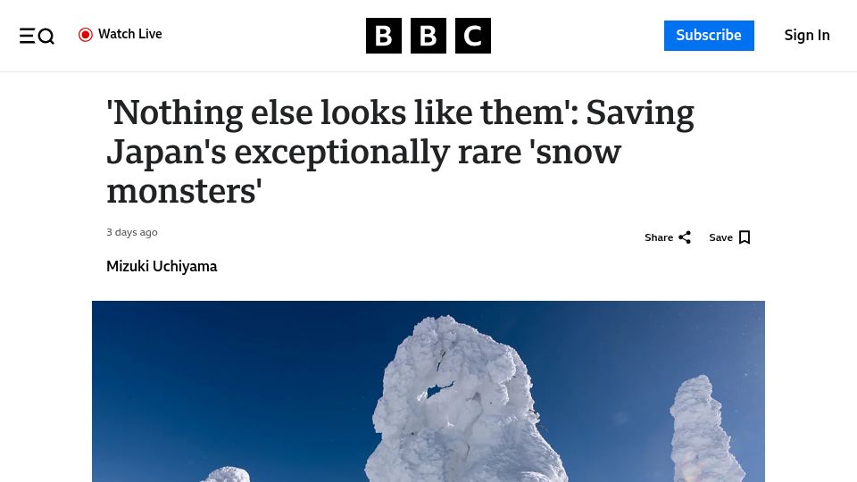 Screenshot of bbc.com: Saving Japan's exceptionally rare 'snow monsters'