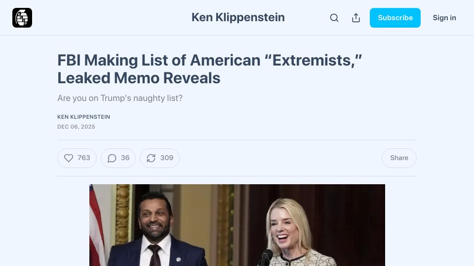 Screenshot of kenklippenstein.com: FBI Making List of American "Extremists," Leaked Memo Reveals