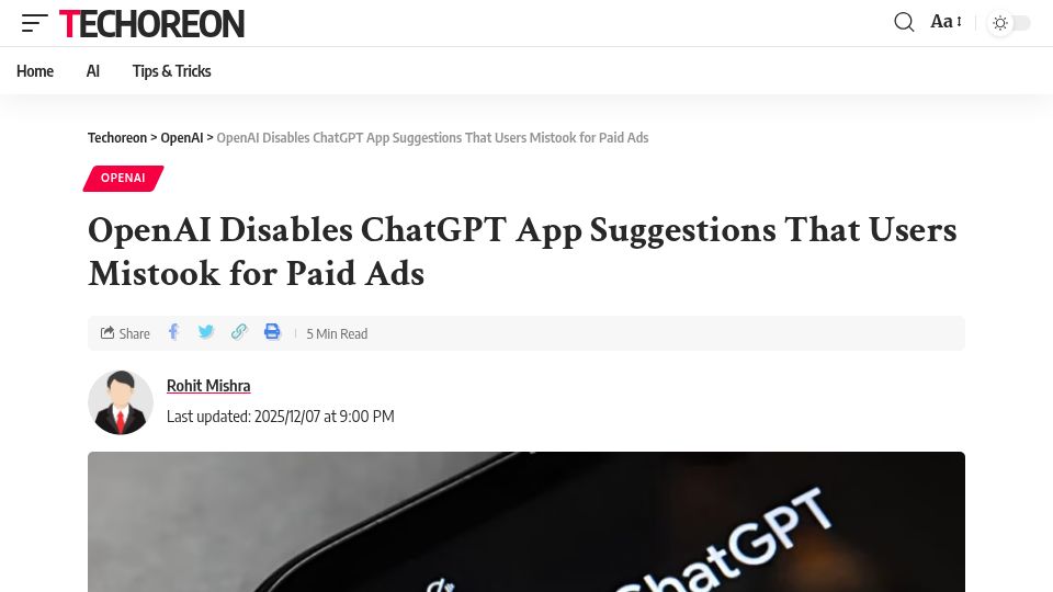 Screenshot of techoreon.com: OpenAI disables ChatGPT app suggestions that looked like ads