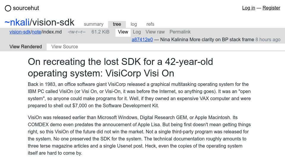 Screenshot of git.sr.ht: Recreating the lost SDK for a 42-year-old operating system: VisiCorp Visi On
