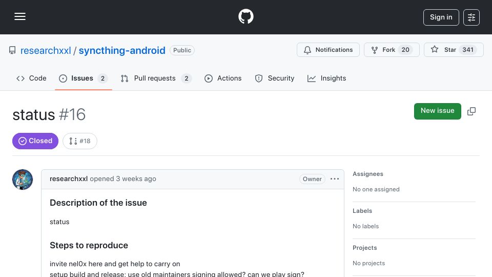 Screenshot of github.com: Syncthing-Android have had a change of owner/maintainer