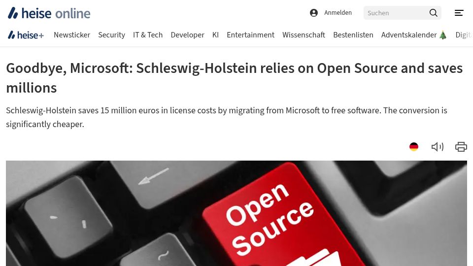 Screenshot of heise.de: The state of Schleswig-Holstein is consistently relying on open source