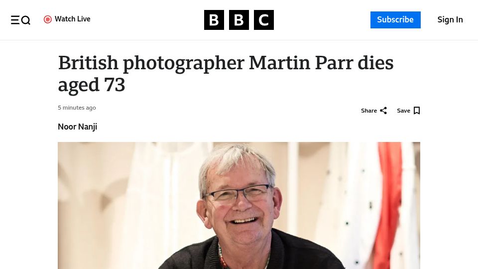Screenshot of bbc.co.uk: Martin Parr has died