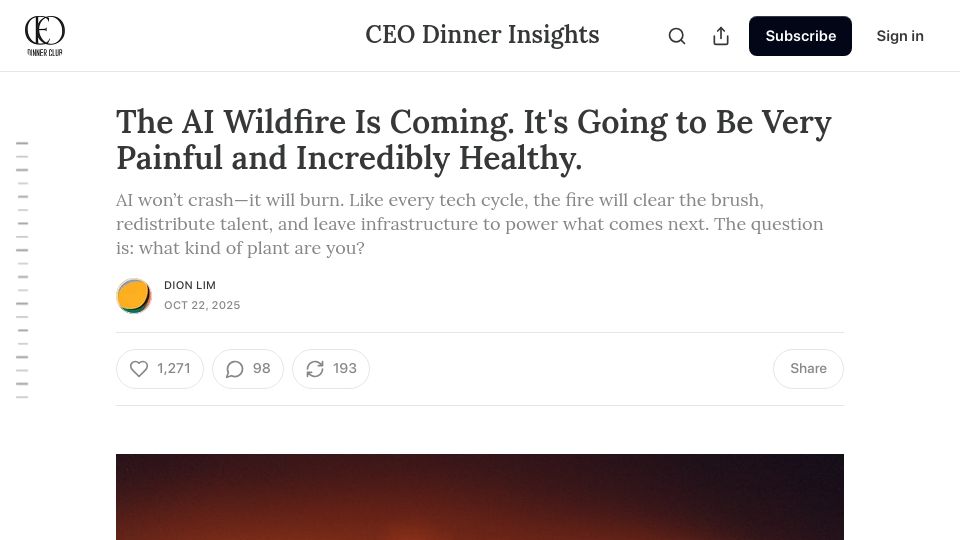 Screenshot of ceodinner.substack.com: The AI wildfire is coming. it's going to be painful and healthy