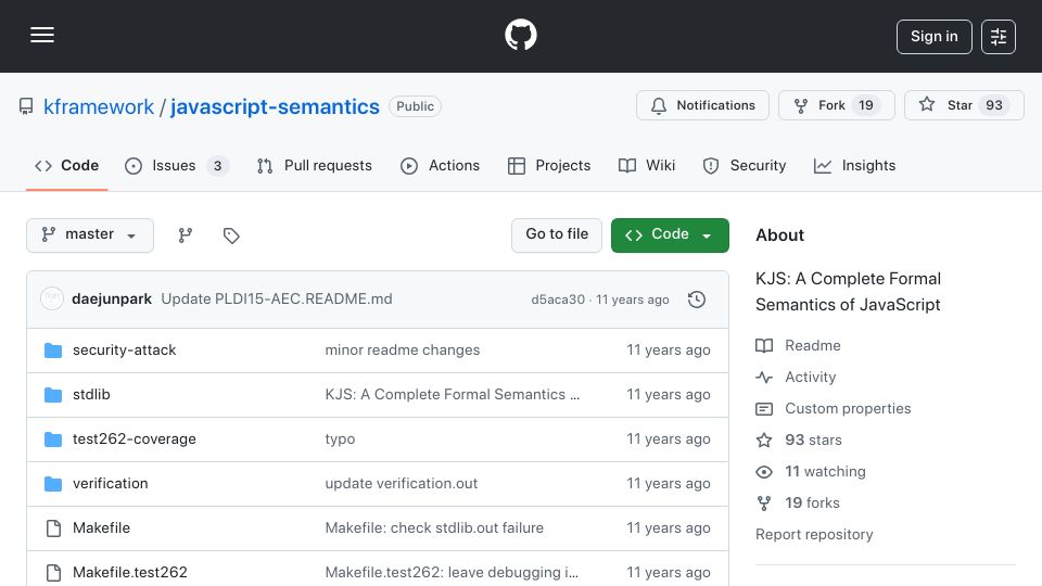 Screenshot of github.com: KJS: A Complete Formal Semantics of JavaScript