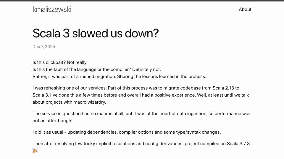 Screenshot of kmaliszewski9.github.io: Scala 3 slowed us down?