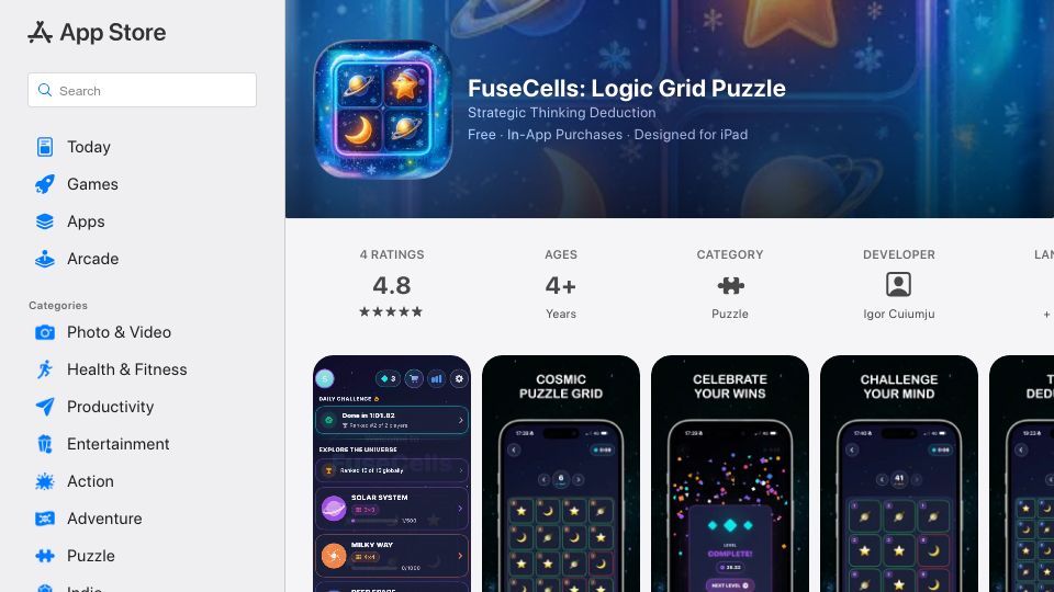 Screenshot of apps.apple.com: Show HN: FuseCells – a handcrafted logic puzzle game with 2,500 levels