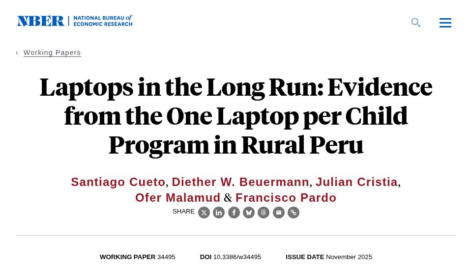 Screenshot of nber.org: Evidence from the One Laptop per Child program in rural Peru
