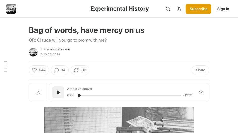 Screenshot of experimental-history.com: Bag of words, have mercy on us