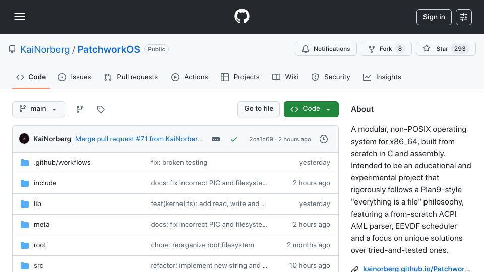 Screenshot of github.com: PatchworkOS: An OS for x86_64, built from scratch in C and assembly