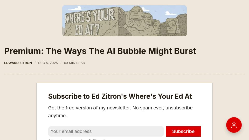 Screenshot of wheresyoured.at: The Ways the AI Bubble Might Burst