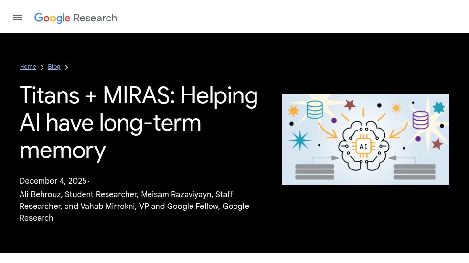 Screenshot of research.google: Google Titans architecture, helping AI have long-term memory