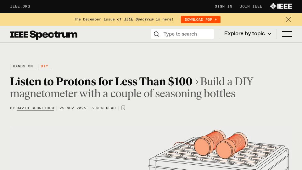Screenshot of spectrum.ieee.org: Build a DIY magnetometer with a couple of seasoning bottles