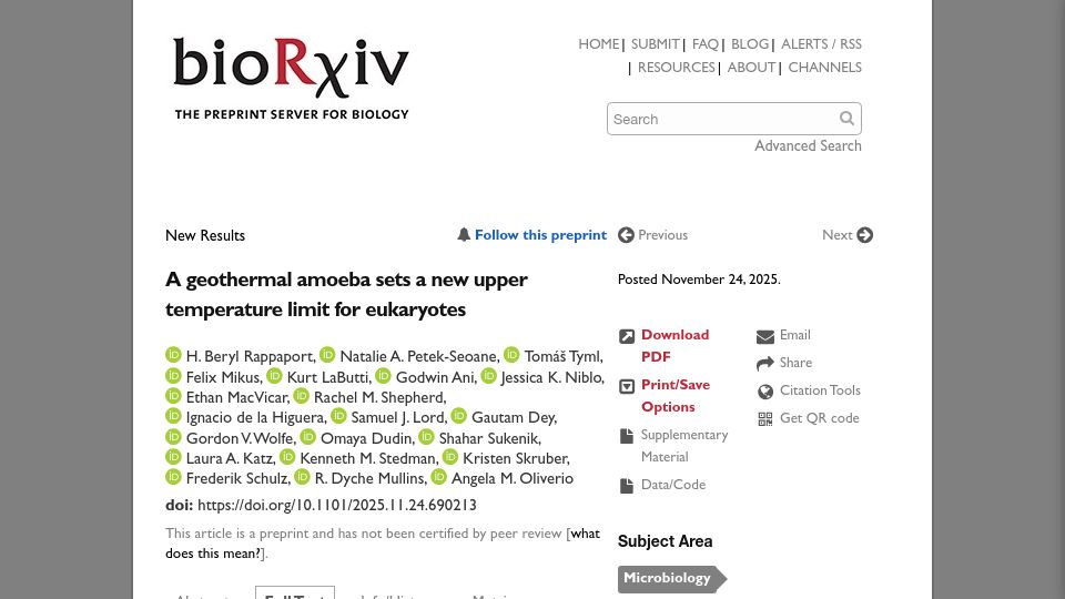 Screenshot of biorxiv.org: A geothermal amoeba sets a new upper temperature limit for eukaryotes