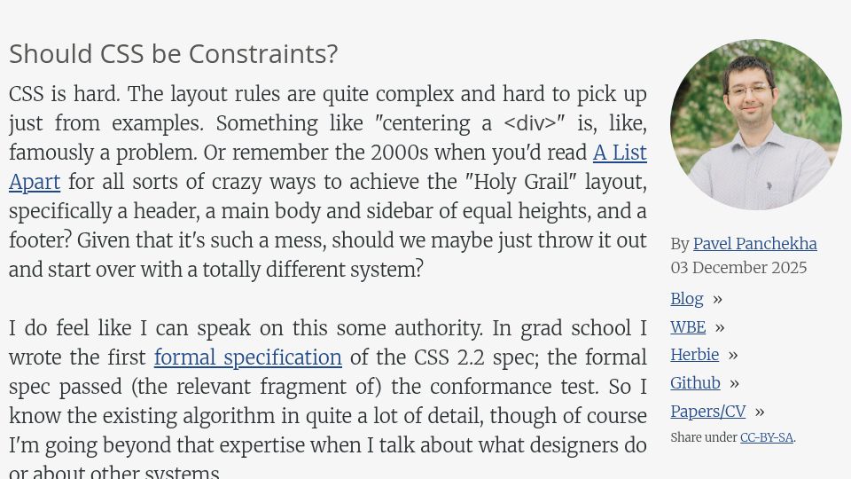 Screenshot of pavpanchekha.com: Should CSS be a constraint system instead?