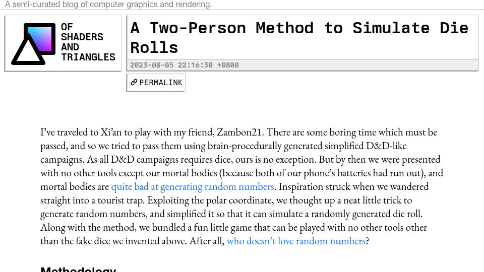 Screenshot of blog.42yeah.is: A two-person method to simulate die rolls (2023)