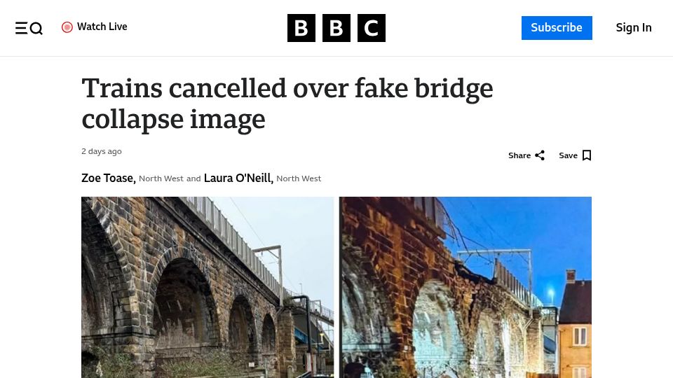 Screenshot of bbc.com: Trains cancelled over fake bridge collapse image