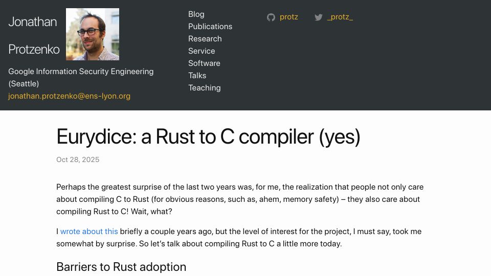 Screenshot of jonathan.protzenko.fr: Eurydice: a Rust to C compiler
