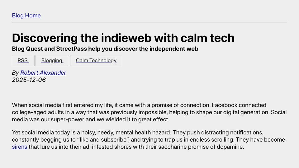 Screenshot of alexsci.com: Discovering the indieweb with calm tech