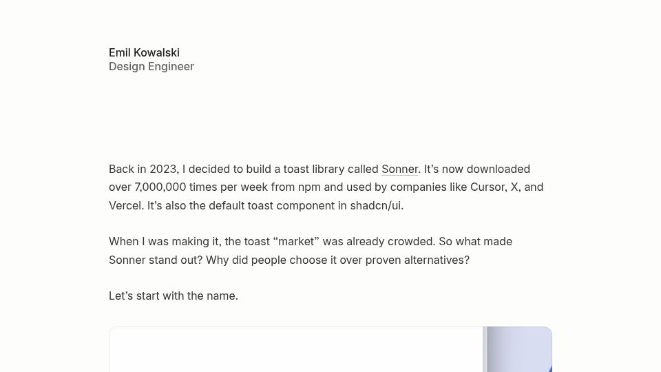 Screenshot of emilkowal.ski: Building a Toast Component