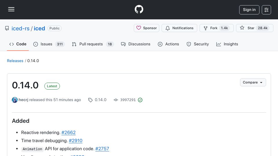 Screenshot of github.com: Iced 0.14 has been released (Rust GUI library)