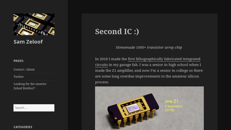 Screenshot of sam.zeloof.xyz: Z2 – Lithographically fabricated IC in a garage fab