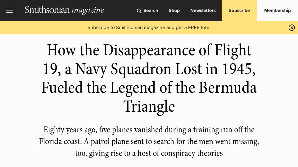 Screenshot of smithsonianmag.com: How the Disappearance of Flight 19 Fueled the Legend of the Bermuda Triangle