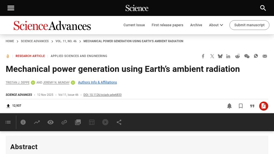 Screenshot of science.org: Mechanical power generation using Earth's ambient radiation