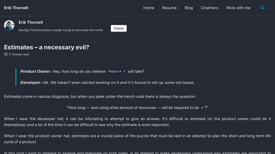 Screenshot of thorsell.io: Estimates are difficult for developers and product owners
