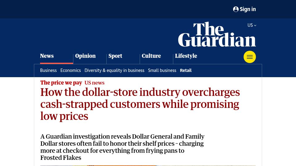 Screenshot of theguardian.com: Dollar-stores overcharge customers while promising low prices