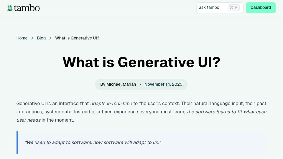 Screenshot of tambo.co: What Is Generative UI?